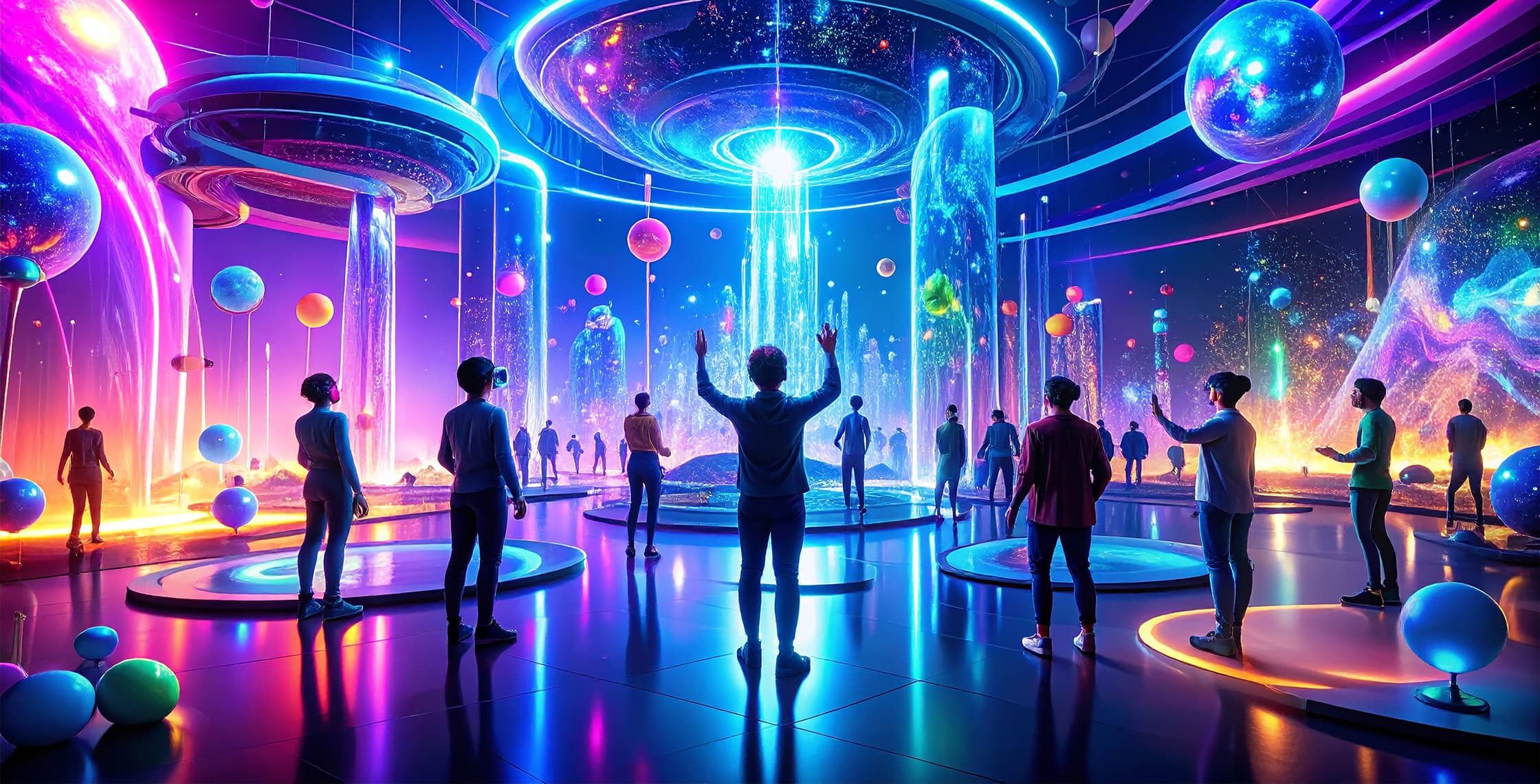 Person floating in digital vortex with vibrant lights